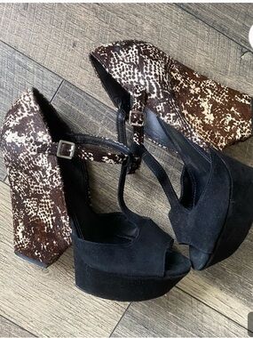 Rachel Zoe Black Suede Platform Wedges with Brown Animal-Print Heel